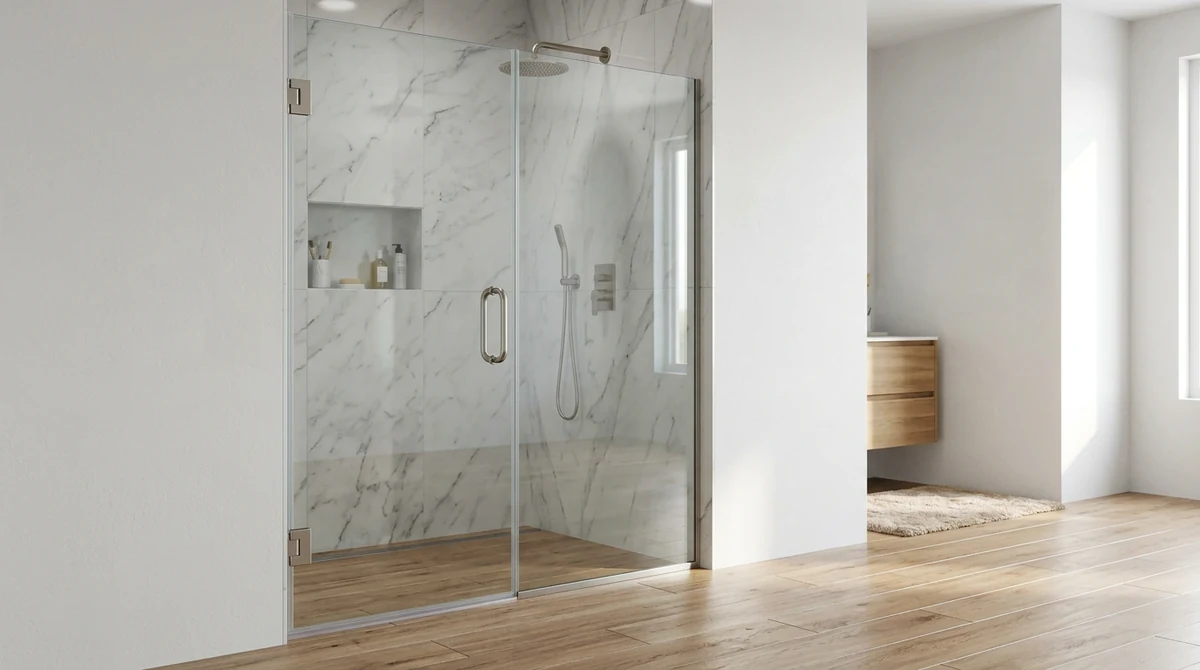 A precision-fit frameless pivot shower door with brushed nickel hinges and a pull handle in a bathroom with wood-look tile floor and white walls, bright light