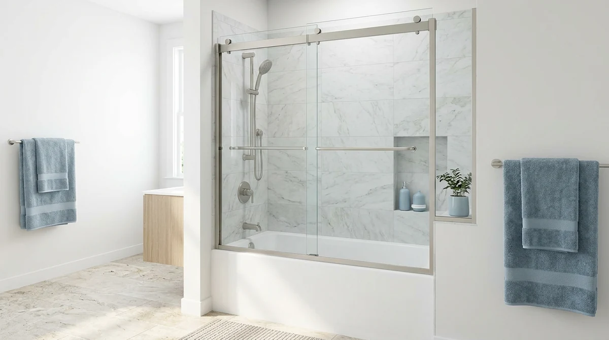 A semi-frameless sliding shower door with a slim brushed nickel frame and clear glass over a tub in a clean bright bathroom, soft blue accents
