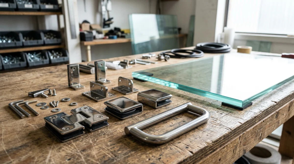 A workbench scene with polished stainless shower door hinges, clamps, handles and brackets arranged beside a pane of thick clear glass, soft studio lighting, shallow depth of field