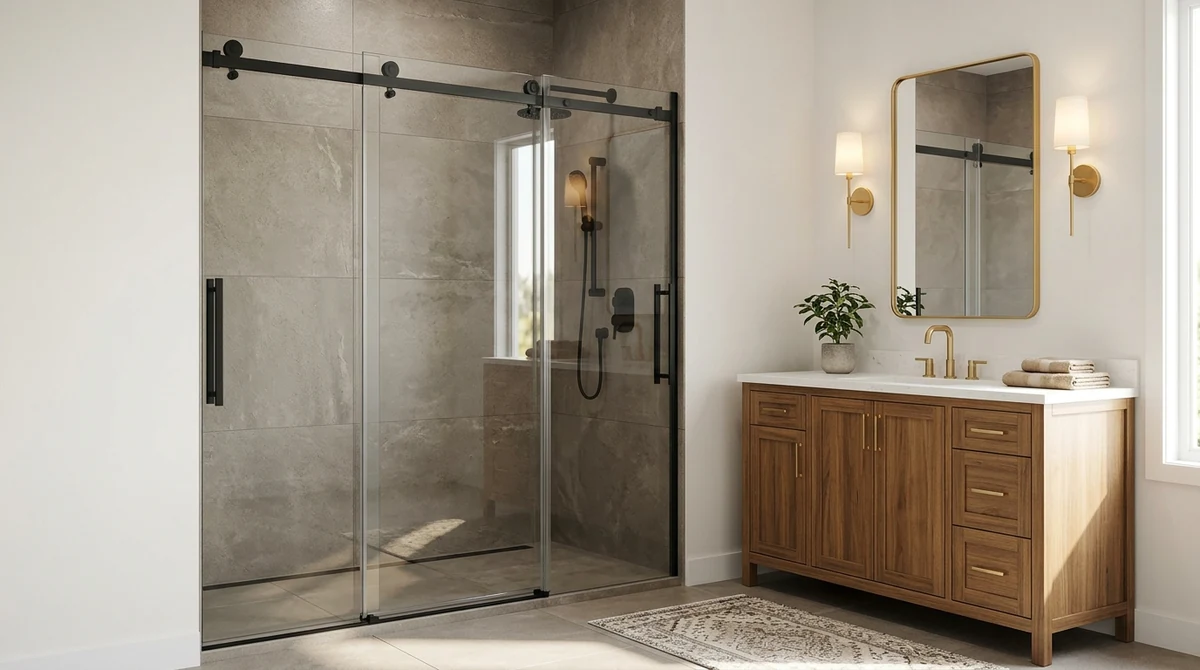 A frameless sliding bypass shower door with matte black hardware in a transitional bathroom with warm gray tile, a wood vanity and gold accents, soft light