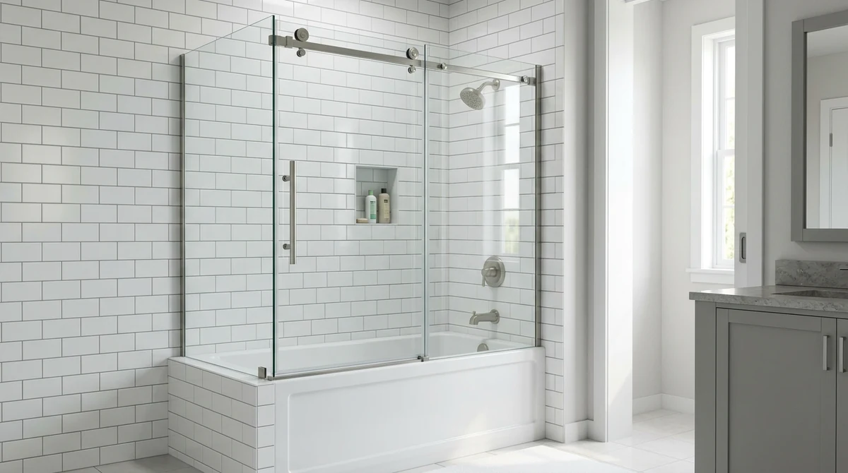 A frameless sliding shower door in brushed stainless steel with a long bar handle over a bathtub, white subway tile, soft daylight, modern clean bathroom