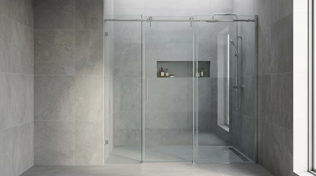A minimalist European-style frameless in-line sliding shower door with slim polished hardware in a gray tile bathroom, clean lines and soft diffused light