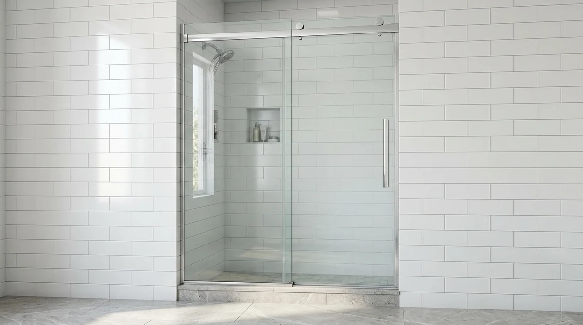A frameless sliding shower door with crystal clear glass, a polished chrome blade handle and a smooth top track in a bright modern bathroom, white tile and stone floor