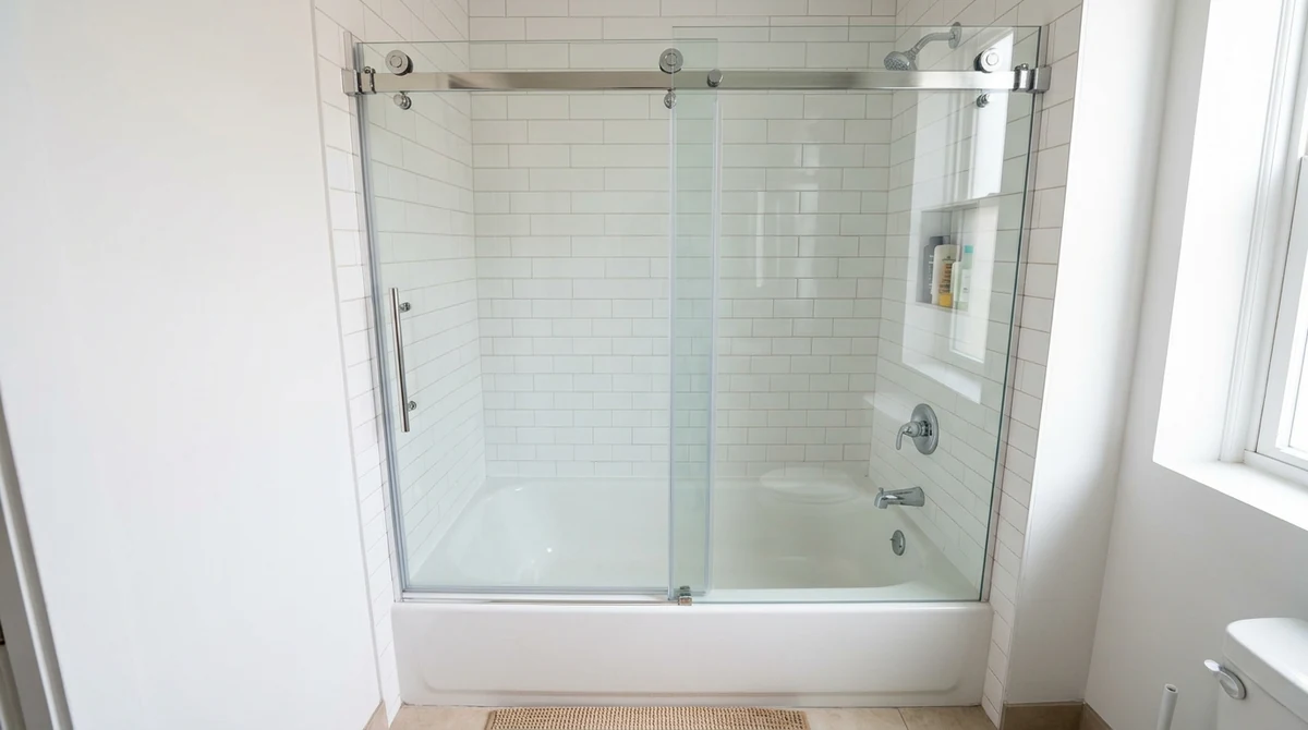A sliding shower door with a smooth soft-close track over a tub-shower in a bright apartment-sized bathroom, white tile, chrome hardware, soft daylight