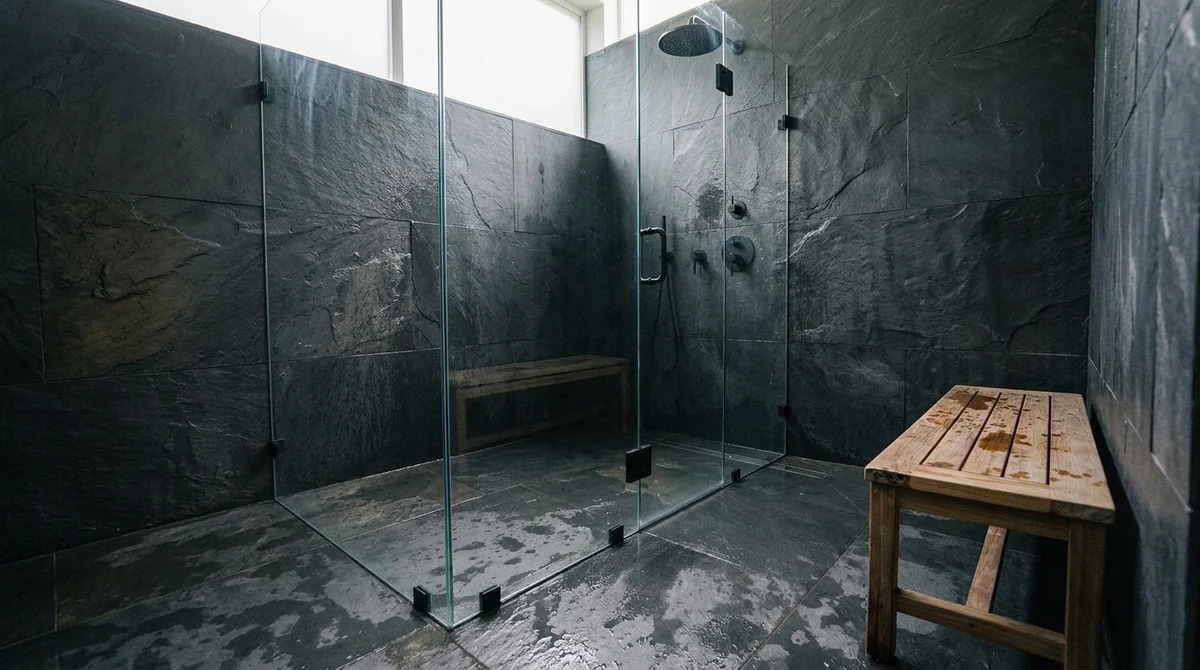 After: The same shower now fitted with a full-height frameless glass enclosure with a door and transom, same slate walls, teak bench and light