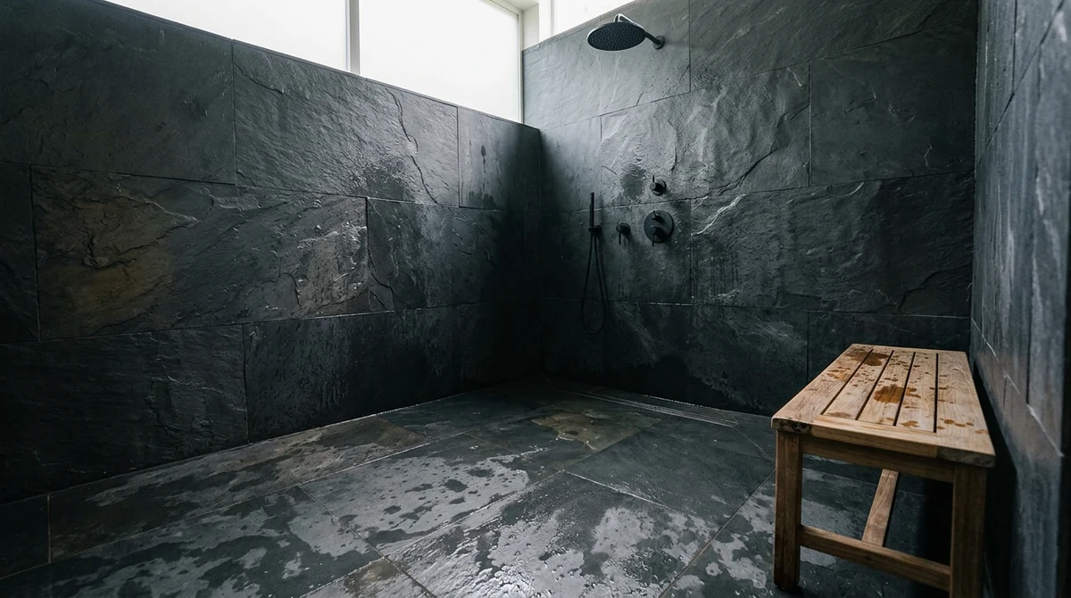 Before: A large tiled shower with no enclosure at all, water-spotted floor, bare dark slate walls and a teak bench, soft light