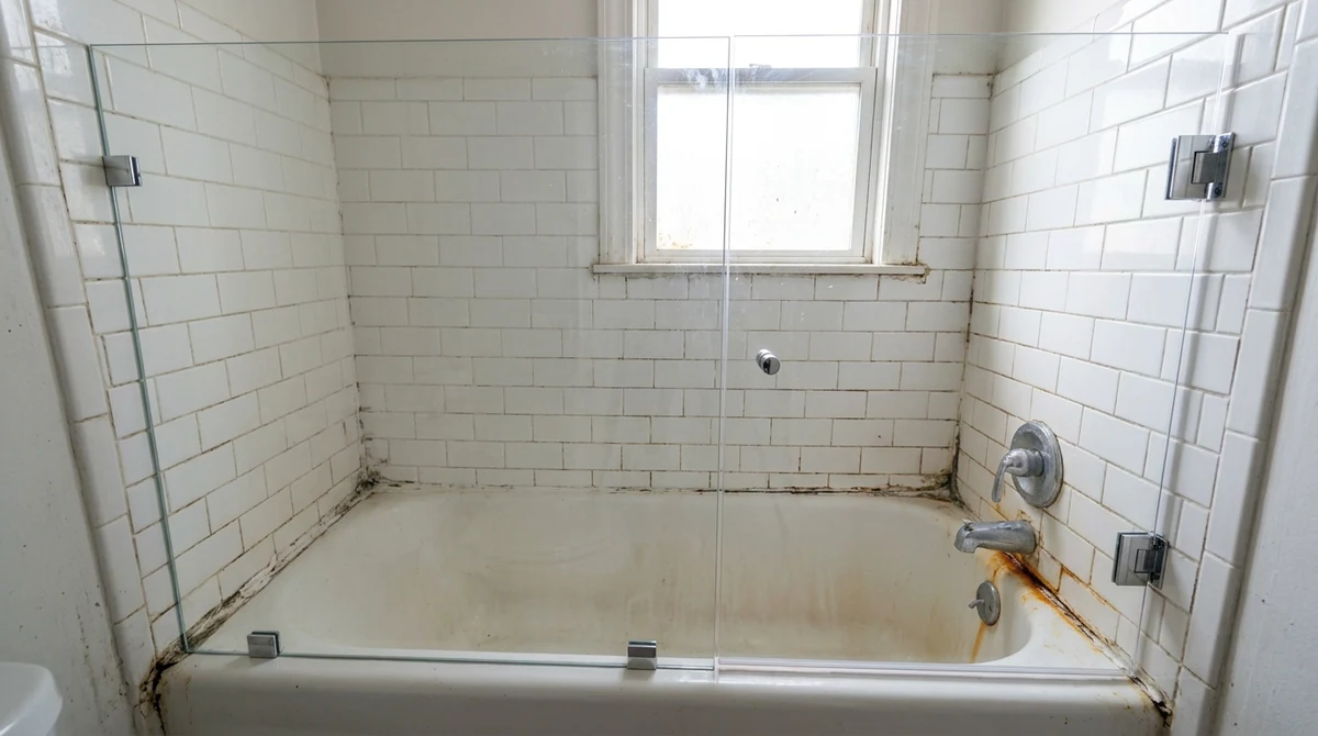 After: The same bathtub-shower with the curtain removed and a clean frameless clear glass tub door with chrome hardware and a fixed panel, same tile and lighting