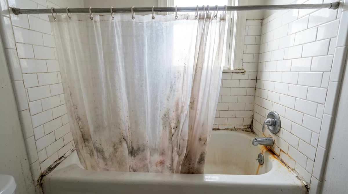 Before: A bathtub-shower combination with a mildewed plastic shower curtain on a rod, white subway tile, a chrome faucet, a rust-streaked tub rim, bright light