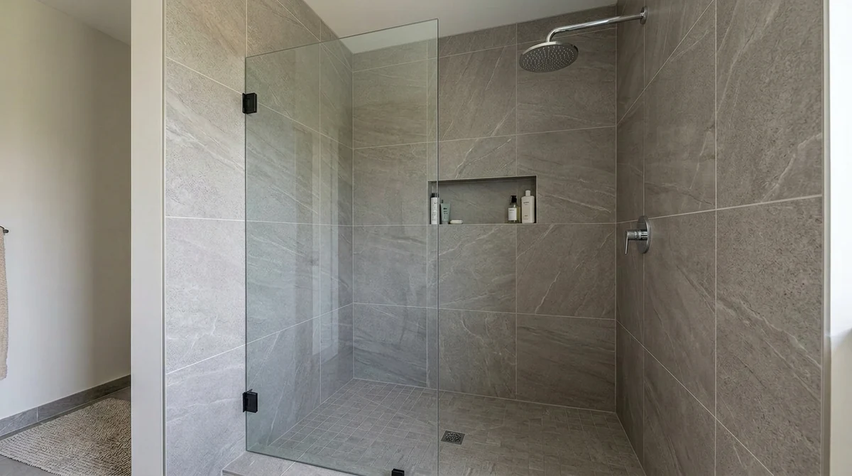 After: The same walk-in shower with the curtain removed and a single large clear fixed frameless glass panel in place, matte black clamps, same tile and lighting