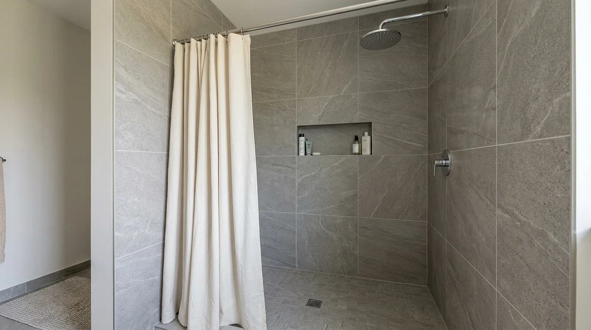 Before: A tiled walk-in shower with a plain shower curtain hanging across the opening, gray porcelain tile, a rain showerhead, a built-in niche, bright light