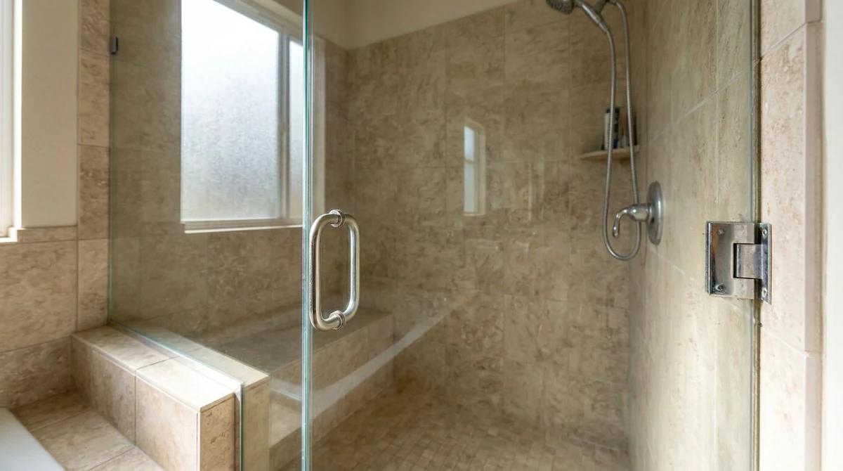 After: The same frameless glass shower door and bathroom now perfectly clean and crystal-clear with no spots, same hardware, same tile and lighting