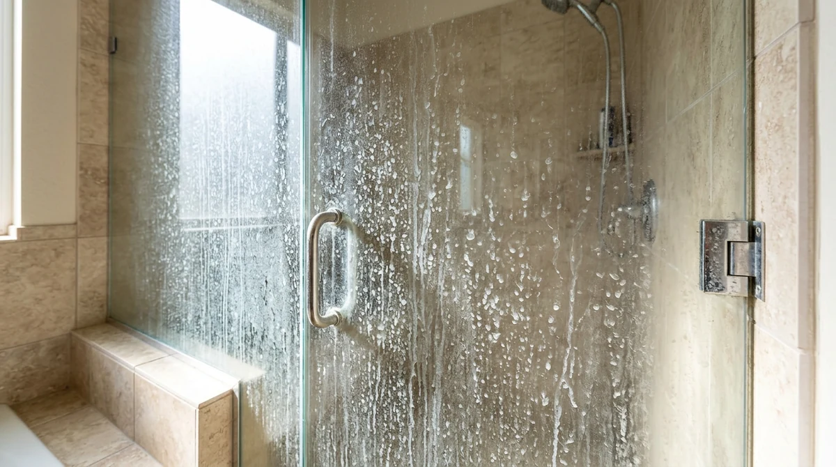 Before: A frameless glass shower door covered with cloudy white hard-water spots and mineral buildup, soap scum streaks, in a bathroom with beige tile, bright light