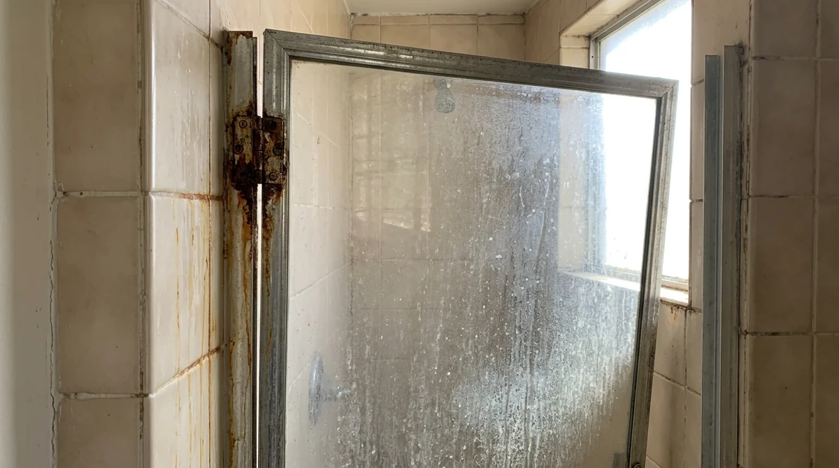 Before: A shower with a sagging old glass door with rusty hinges and a visible gap at the edge, brownish stains below the hinges, beige tile, bright light