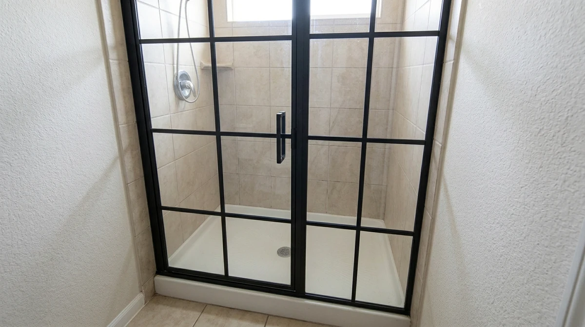 After: The same shower alcove with a custom matte black framed inline glass door and panel in a sleek steel-window style, same tile and lighting