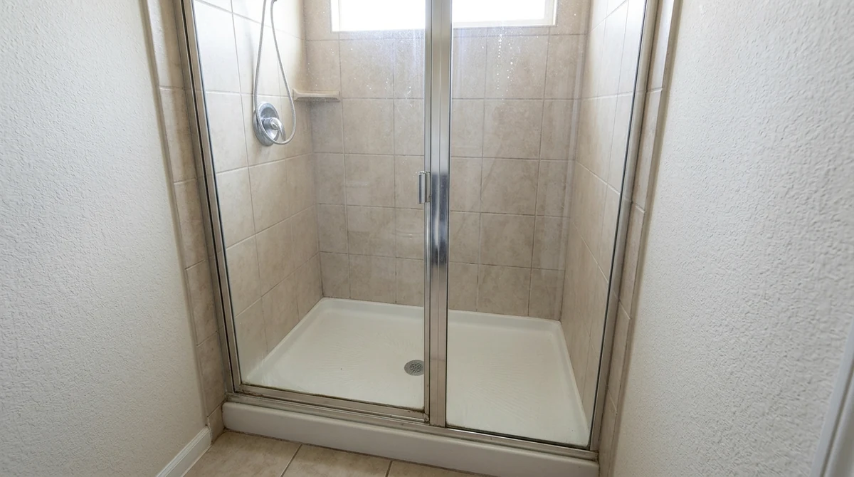 Before: A basic builder-grade shower with a thin chrome-framed clear glass door and a plastic bottom sweep in a neutral tile alcove, bright light