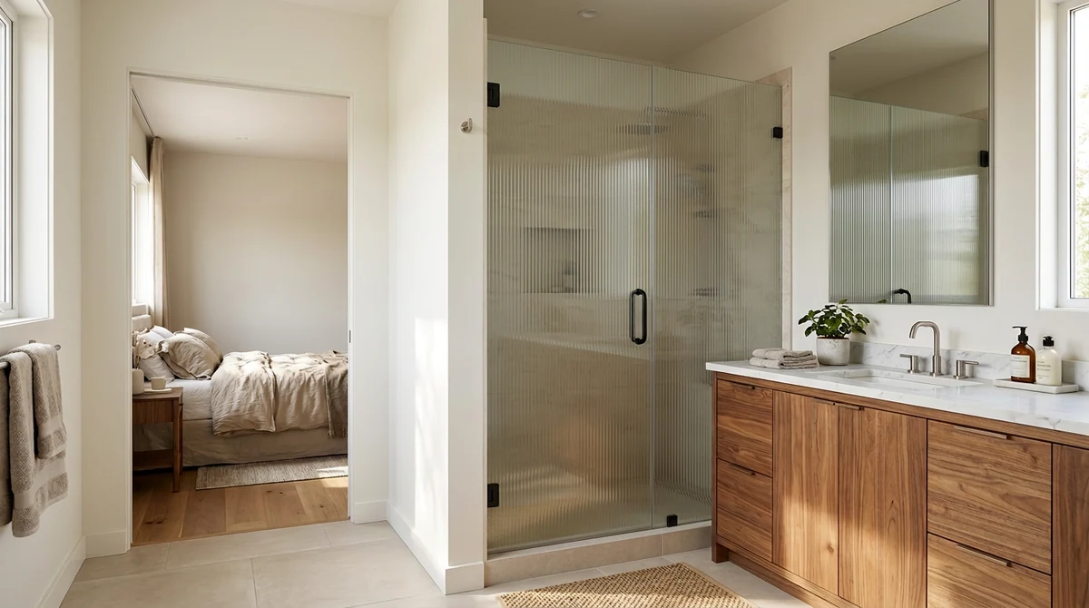 After: The same shower enclosure with the glass changed to vertical reeded privacy glass, matte black hardware, same vanity and lighting