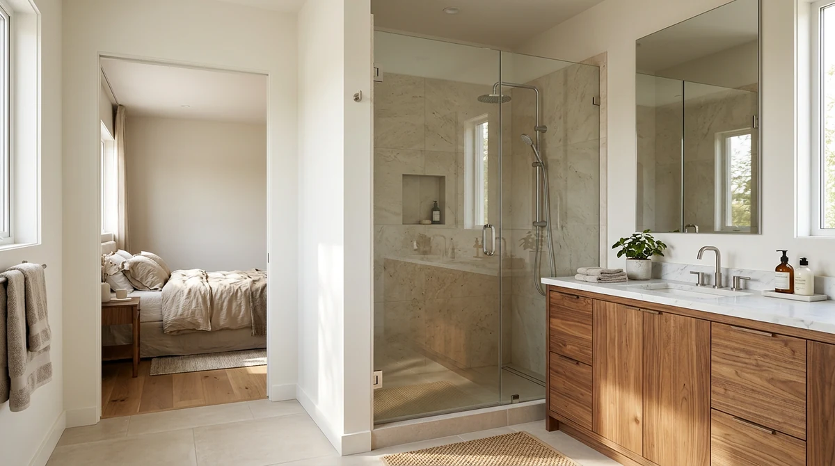Before: A shower enclosure with plain clear glass door next to a bedroom-facing wall in a bathroom with warm wood vanity, bright light