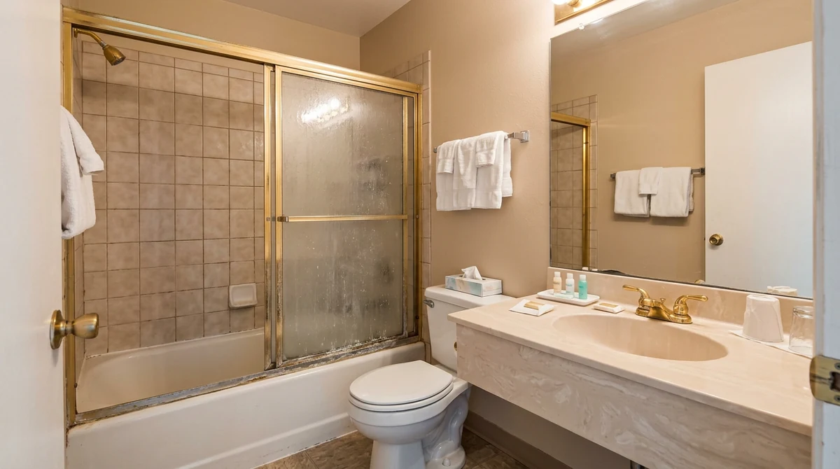 Before: A hotel bathroom with an outdated gold-framed sliding shower door with water spots and beige tile, a standard vanity, bright even light