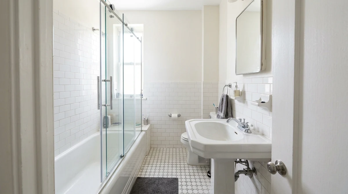 After: The same apartment bathroom with the curtain replaced by a clean frameless sliding glass door, chrome hardware, same tile and sink, same light