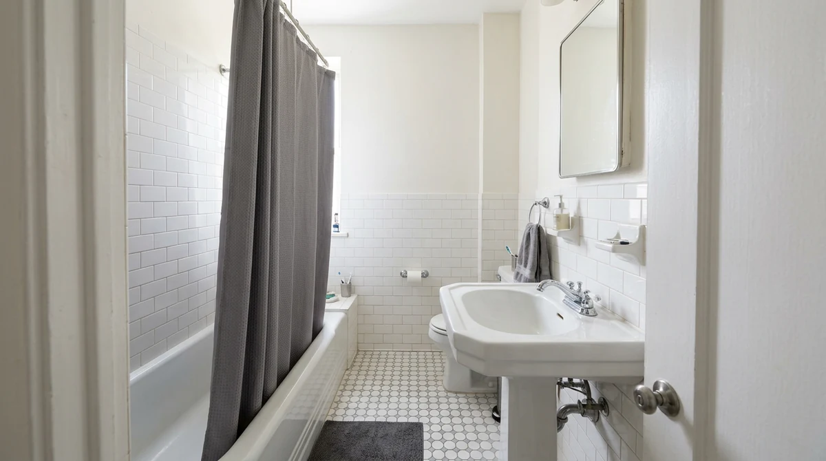 Before: A small apartment bathroom with a tub and a gray shower curtain, white tile, a pedestal sink, bright flat light
