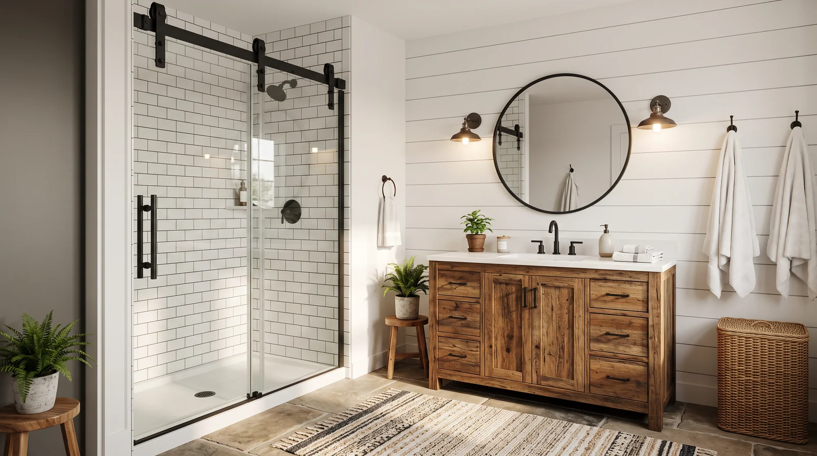 Farmhouse Bath With a Barn-Style Glass Door | Music City Shower Doors A warm farmhouse bathroom with a barn-style sliding glass shower door on matte black hardware, shiplap walls, a reclaimed wood vanity and a woven rug, soft daylight