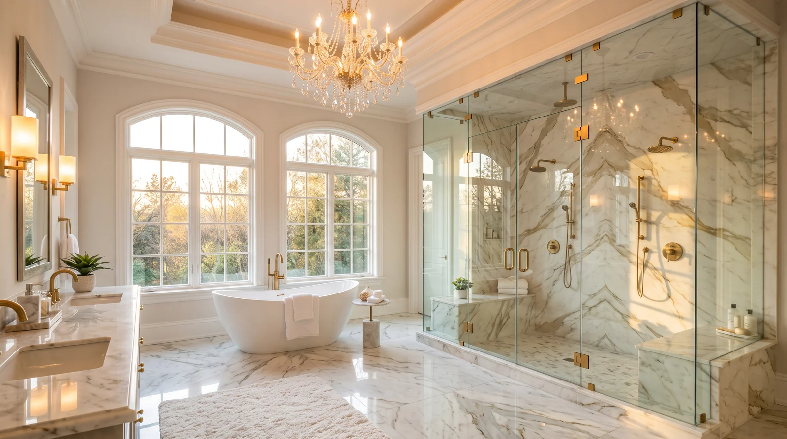 A luxurious estate primary bathroom with a grand double-entry glass shower enclosure with a transom, polished marble, a crystal chandelier and a freestanding tub, soft golden light