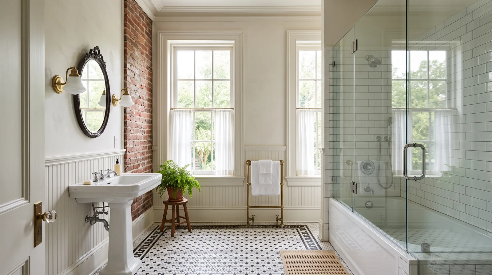 Historic Home Bathroom With a Glass Tub Enclosure | Music City Shower Doors A beautifully kept bathroom in a historic Southern brick home with a deep soaking tub fitted with a frameless glass tub door, classic black and white floor tile, a pedestal sink and tall windows with soft light