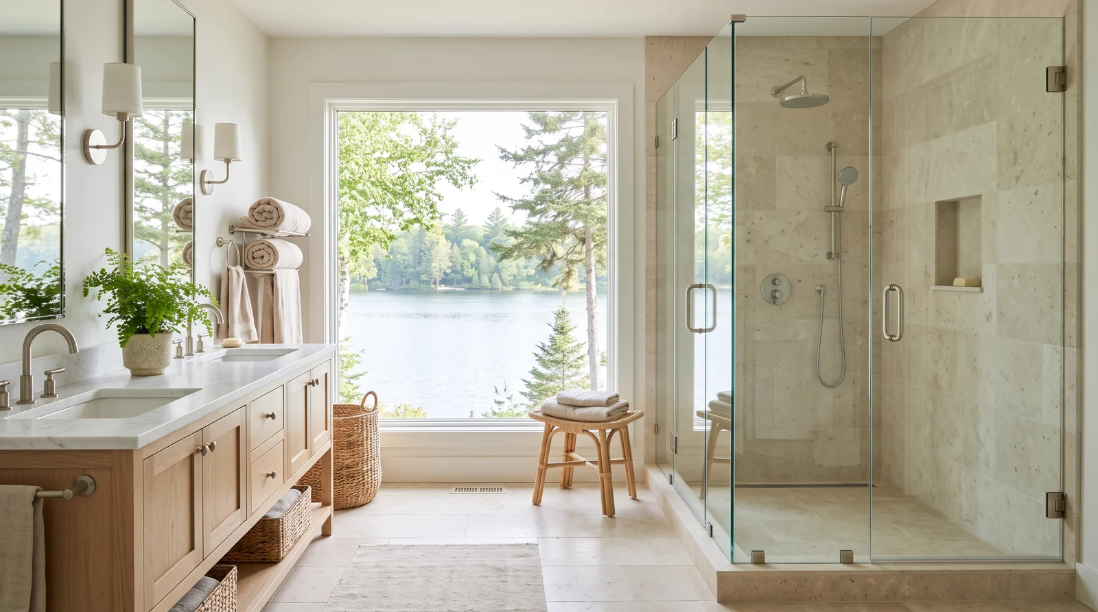 Lake House Bathroom With a Walk-In Glass Shower | Music City Shower Doors A bright lake house bathroom with a walk-in frameless glass shower, light stone tile and a big window looking to calm water and trees, coastal-inspired decor, soft daylight