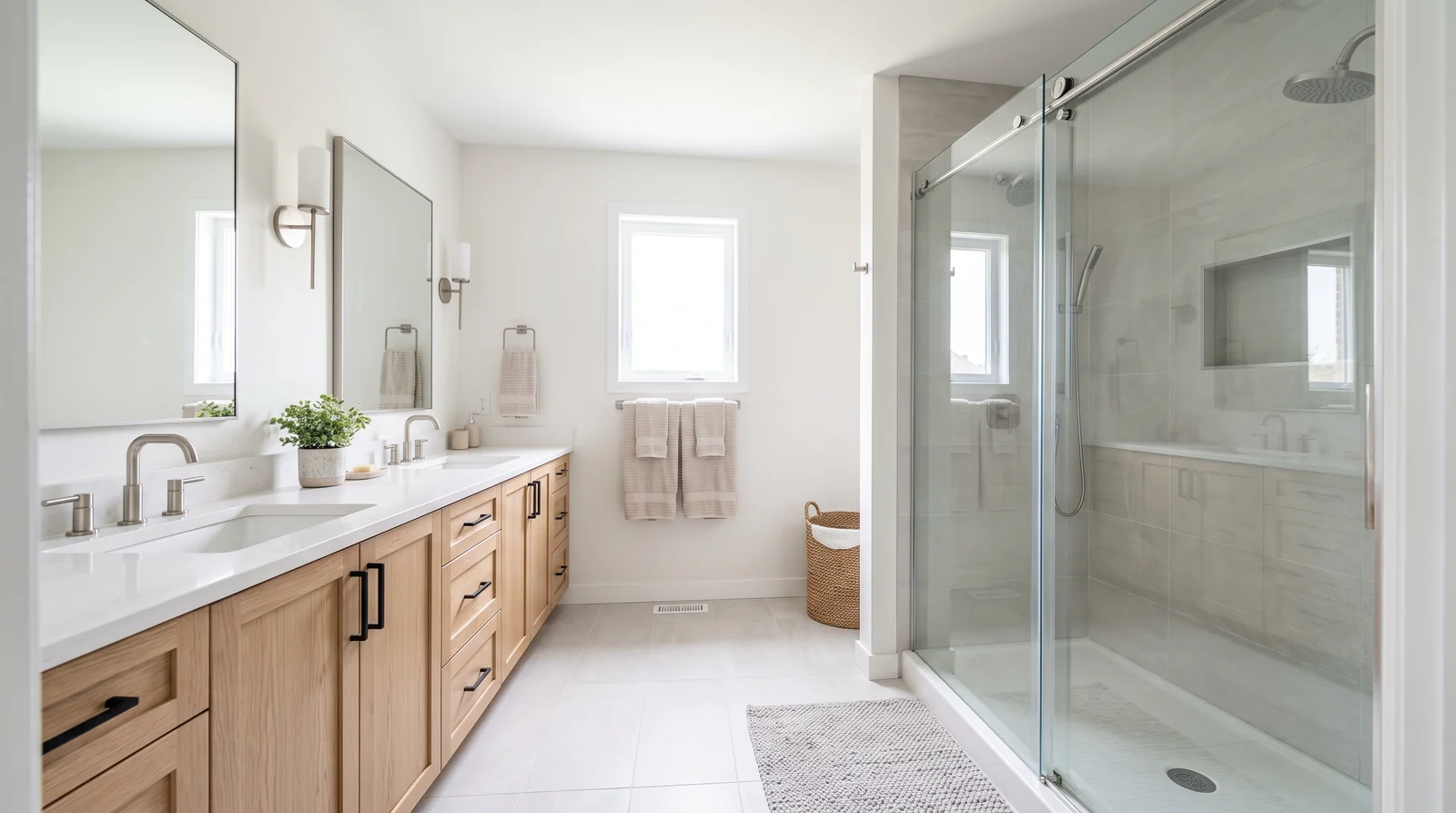 Suburban Primary Bath With an Updated Shower Door | Music City Shower Doors A tidy updated suburban primary bathroom with a frameless sliding glass shower door, light gray tile, a double vanity and a soft neutral palette, bright natural light