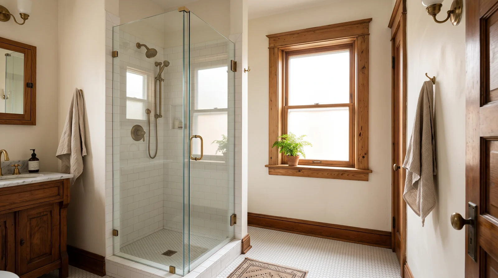 East Nashville Bungalow Bathroom With a Frameless Shower | Music City Shower Doors A charming remodeled bathroom in an East Nashville craftsman bungalow with a compact frameless glass shower door, white hex floor tile, original wood trim and a small window with soft daylight