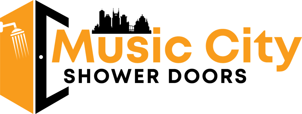 Music City Shower Doors logo with an orange open shower door, a black door frame, a shower head, the Nashville skyline and bold lettering