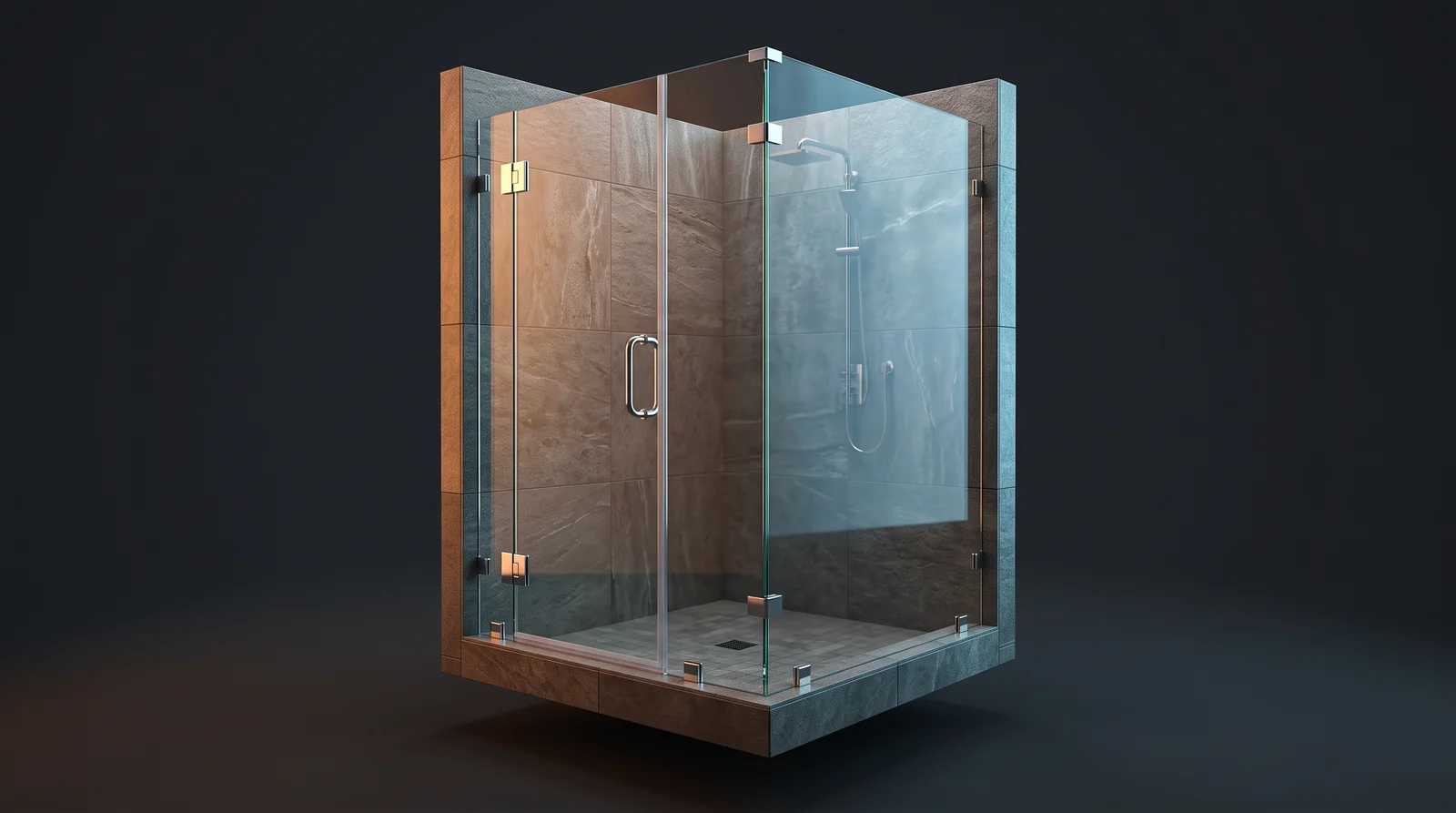 A detailed 3D render of a custom frameless glass shower enclosure with a door, an inline fixed panel, polished hinges, a header-free clamp design, a tiled wall and curb, floating on a dark charcoal background with soft amber light