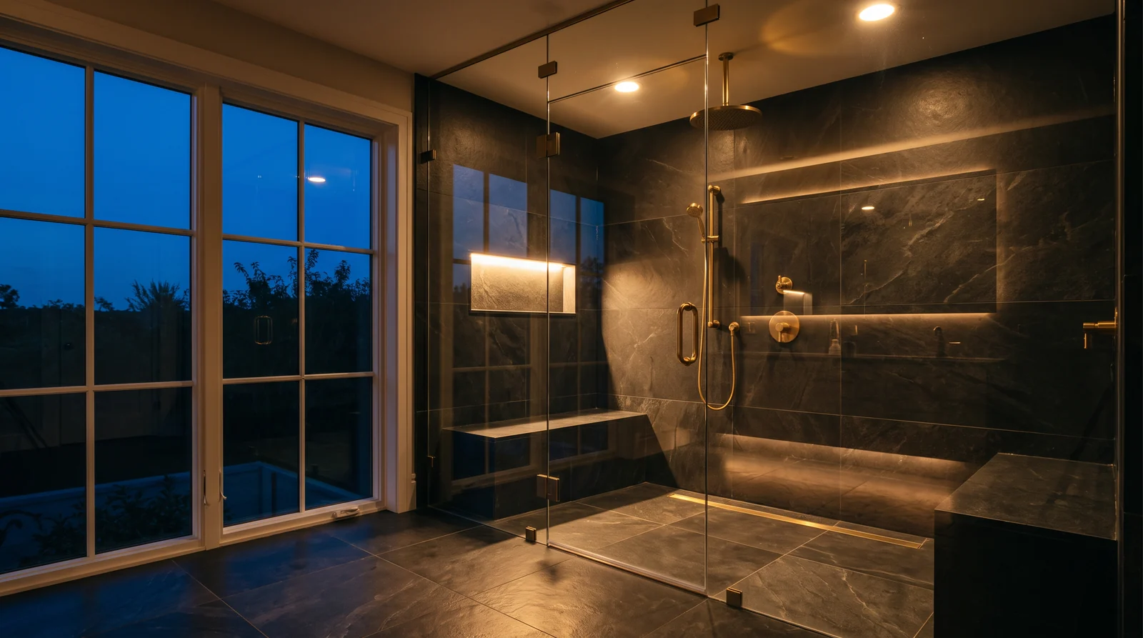 A frameless glass shower enclosure in a luxury bathroom at dusk with warm recessed lighting glowing through the clear glass, dark tile, a brass fixture and a window showing deep blue evening sky