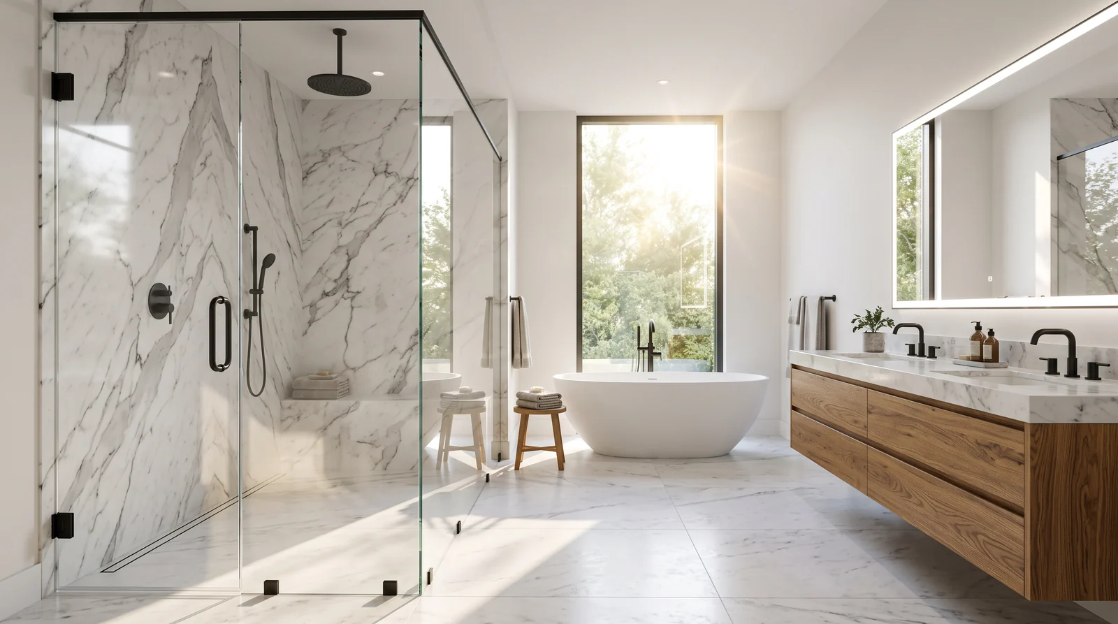 A breathtaking luxury primary bathroom with a large walk-in frameless glass shower enclosure with a crystal clear glass door and matte black hardware, white veined marble walls, a rain showerhead, a floating oak vanity and a freestanding tub in the background, warm morning light streaming through a tall window, calm and empty