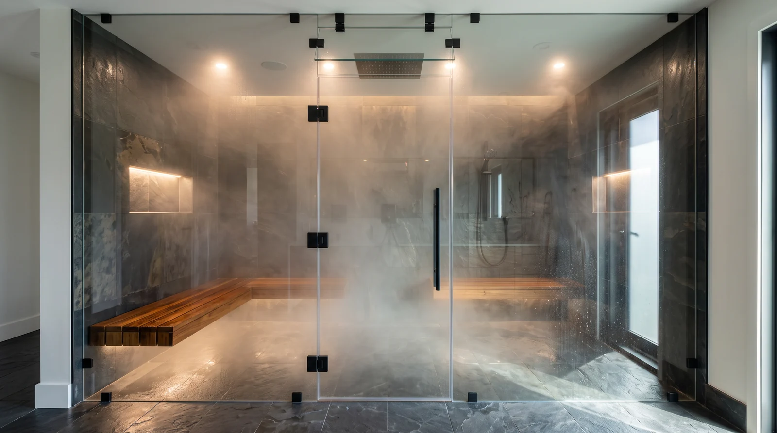 A full-height frameless glass steam shower enclosure with a glass transom above the door, light fog inside, dark slate walls and a teak bench, warm spa lighting, calm and empty