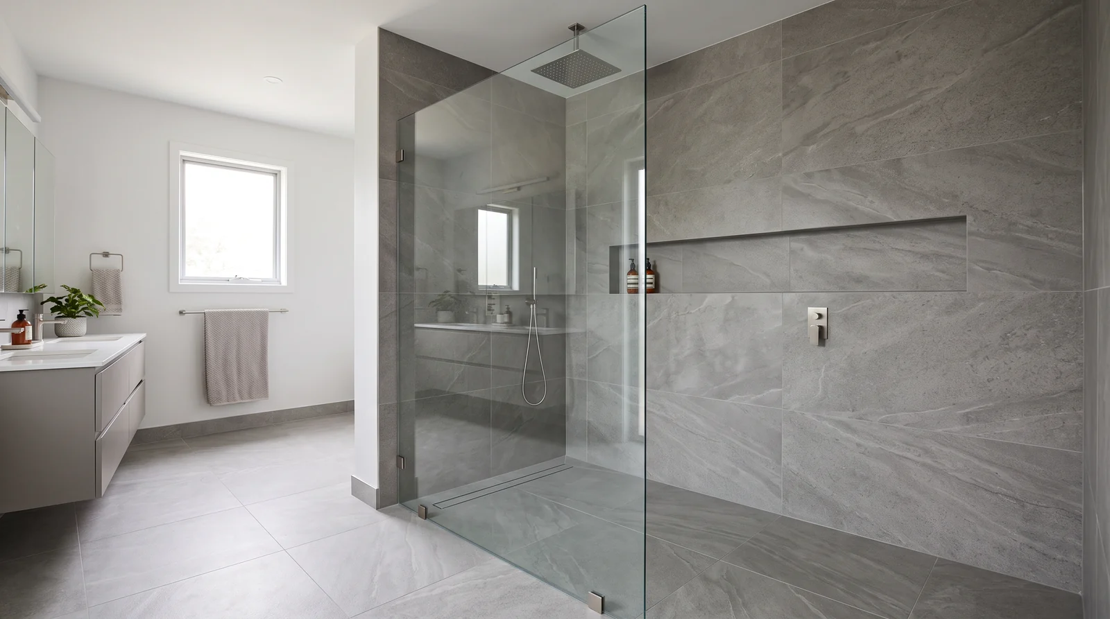 A modern curbless walk-in shower with a single large fixed frameless glass panel, large-format gray porcelain tile that continues onto the floor, a linear drain, a rain showerhead and a built-in niche, soft natural light