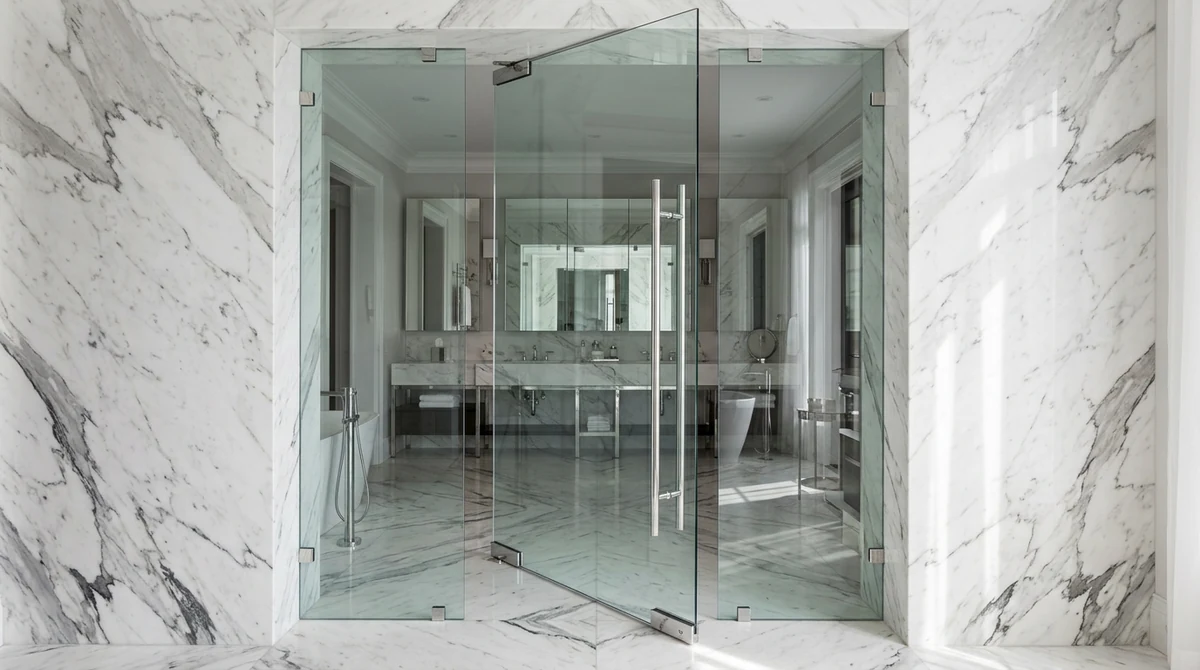 A heavy glass pivot door with polished chrome pivot hinges in a luxury bath with a double vanity in the background