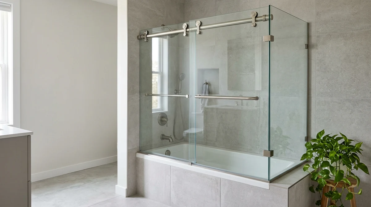 A frameless sliding shower door with brushed nickel hardware over a tub with a glass panel, light gray tile and a plant