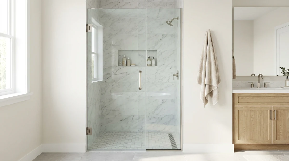 A frameless hinged shower door with brushed nickel hinges and a pull handle in a bright neutral bathroom