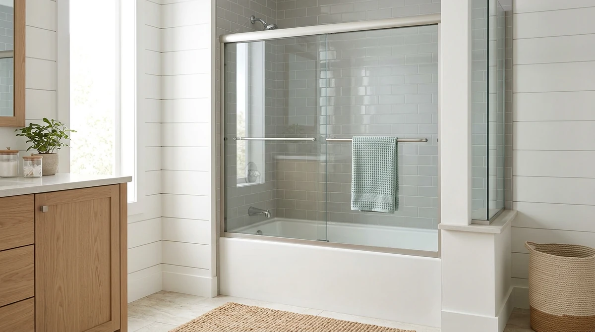 A sliding shower door with a clean slim frame, clear glass and a towel bar handle over a tub in a coastal-style bathroom