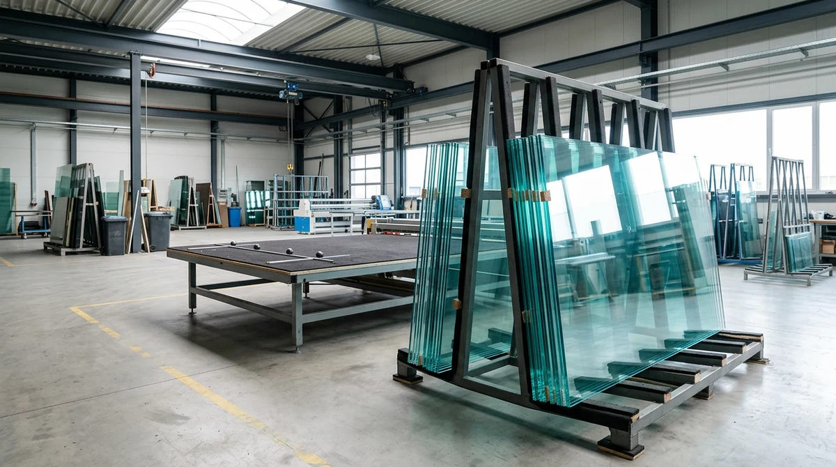 A stack of thick clear glass panes with polished edges on a rack in a clean fabrication shop with a glass-cutting table, soft light, no people