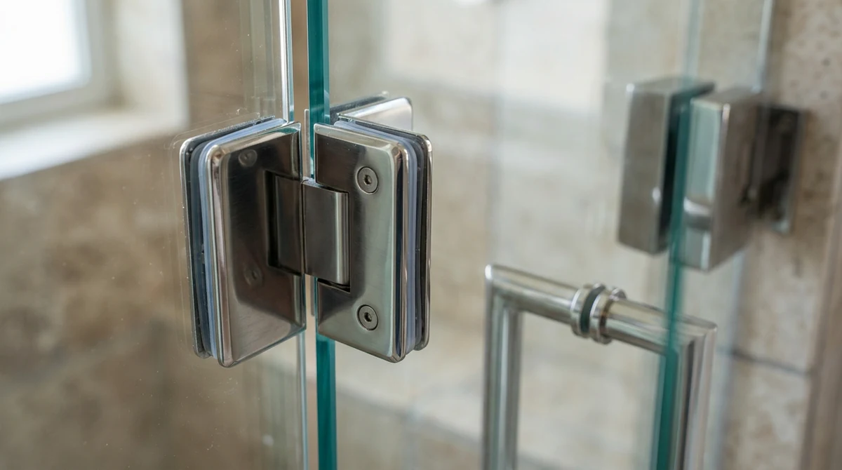 A macro of frameless shower door hardware including a polished stainless hinge, a clamp and a handle shown on thick glass, shallow depth of field, sharp detail