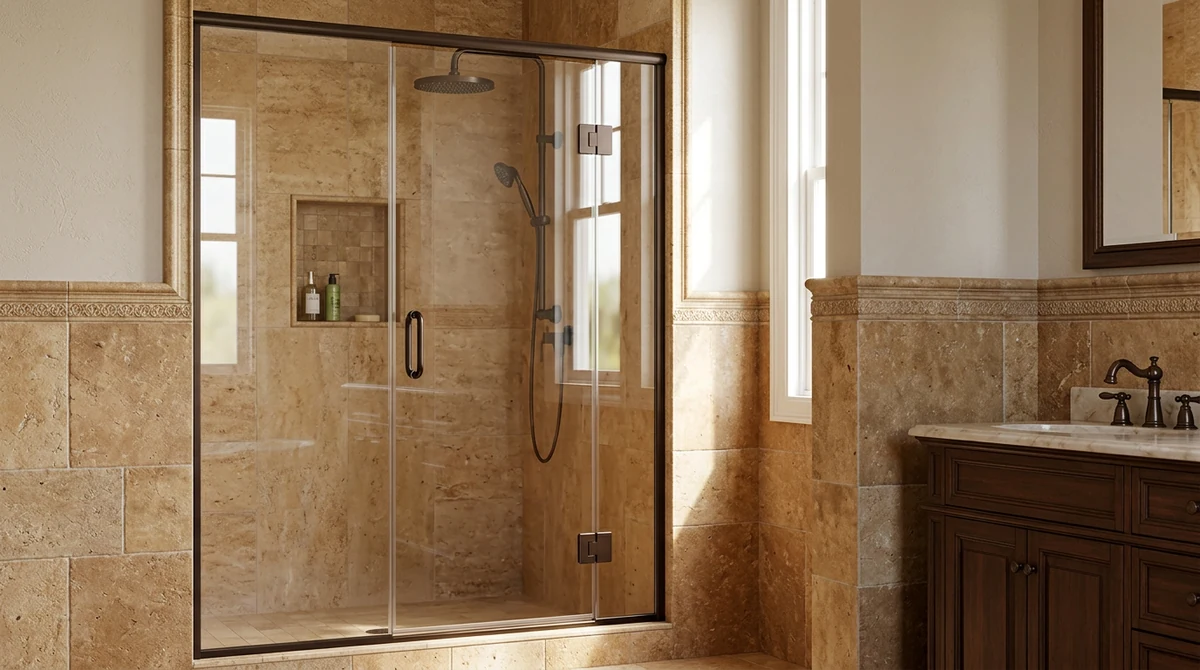 A semi-frameless shower door with a slim bronze frame and clear glass in a warm traditional bathroom with tile walls