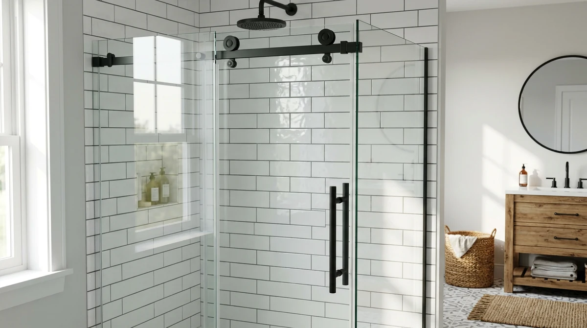 A frameless sliding shower door with matte black rollers and a bar handle in a modern farmhouse bathroom with subway tile