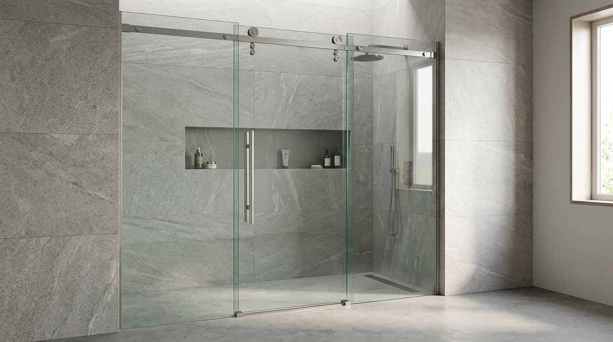 A thick frameless sliding shower door with elegant brushed stainless hardware and a long handle over a modern tiled alcove, soft light