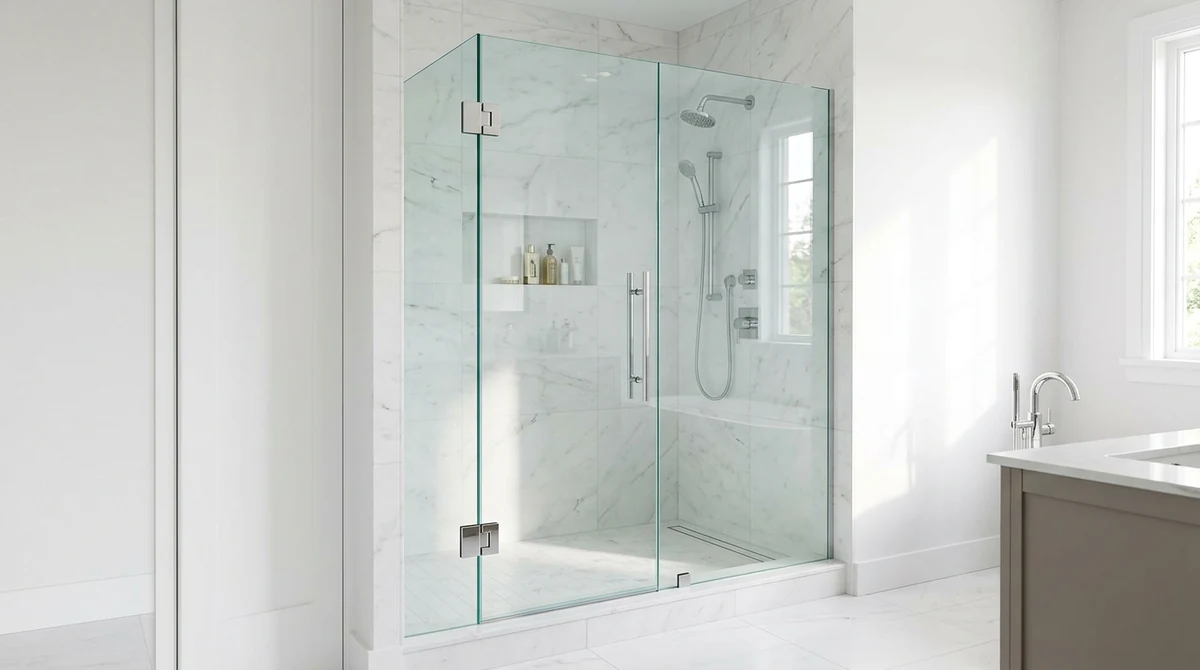 A frameless hinged shower door with chrome hinges and a straight pull handle in a bright white bathroom
