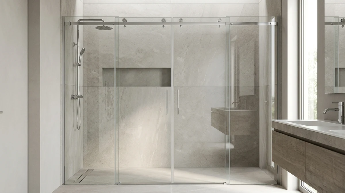 An in-line bypass shower door with two panels on a slim track in a minimalist bathroom, polished chrome, soft light