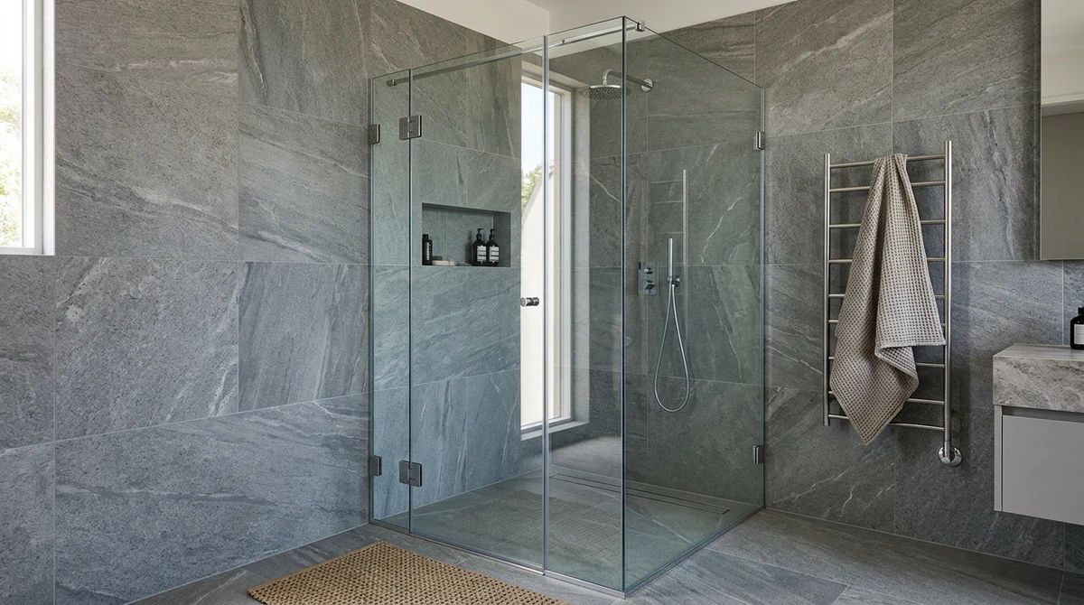 A frameless hinged and pivot shower door with a fixed return panel in a European-style bathroom with gray stone tile