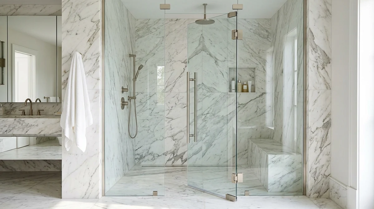 A frameless pivot shower door with a bar handle partly open in a luxury bathroom with marble walls and brushed nickel hardware