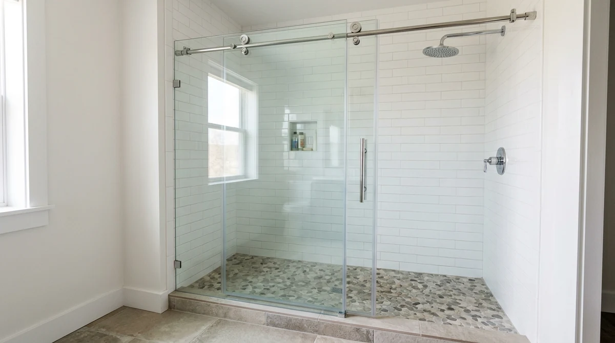 A frameless sliding shower door in polished chrome with crystal clear glass over a walk-in shower, white tile and a stone floor, soft daylight